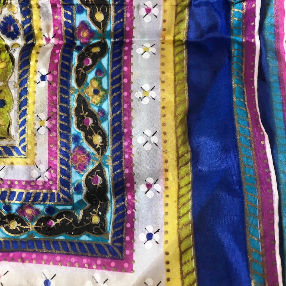 Japan Painted Vibrant Multicolor Silk Scarf square with Geometric Floral Border